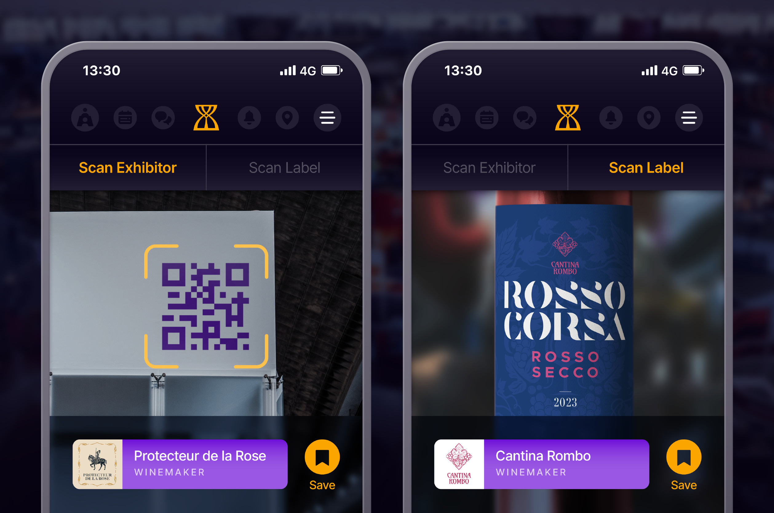 Dva ekrana Wine Vision aplikacije sa QR-scan hvatanjem lead-ova